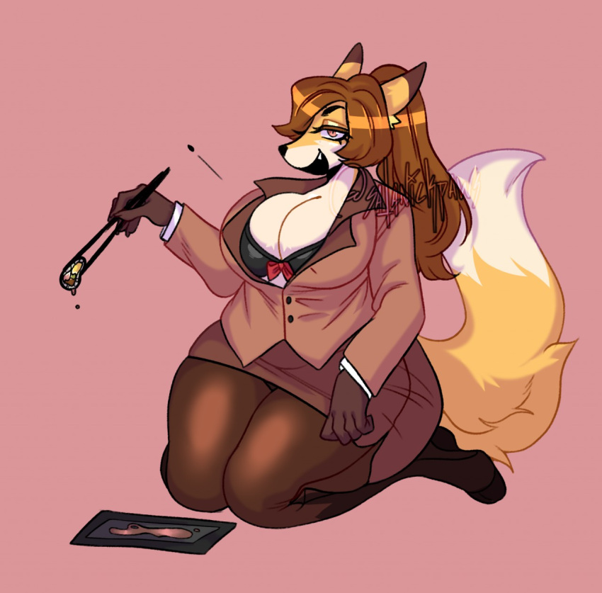 allysia_(killy) alternate_version_at_source anthro big_breasts bottomwear bra breasts business_attire button_pop canid canine chopsticks cleavage clothed clothing dipstick_tail distracting_watermark female food fox hair hi_res kneeling legwear looking_at_viewer mammal markings multicolored_tail office_lady pantyhose pencil_skirt plate ponytail satanickpaws skirt smile smirk smug solo sushi tail_markings thick_thighs underwear watermark wide_hips