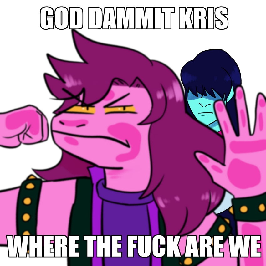 1:1 2021 against_surface ambiguous_gender angry anthro cinnabunbuns deltarune duo english_text female hi_res human humor image_macro kris_(deltarune) kris_where_are_we lizard looking_at_viewer mammal meme on_glass profanity reptile scalie susie_(deltarune) text undertale_(series) video_games