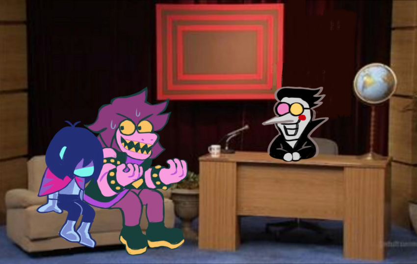 2021 ambiguous_gender angry anthro clownplushie darkner deltarune female furniture group human kris_(deltarune) kris_where_are_we lizard male mammal meme reptile scalie sitting sofa spamton_g._spamton style_parody susie_(deltarune) talk_show the_eric_andre_show trio undertale_(series) video_games