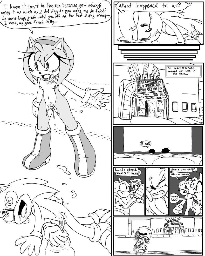 absurd_res amy_rose anthro comic duo ejaculation english_text female forced forced_ejaculation fucked_silly hb_lint hi_res male male/female monochrome movie_theater sega sonic_the_hedgehog sonic_the_hedgehog_(series) text