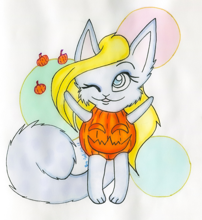 blonde_hair blue_eyes cat_mouth domestic_cat eyelashes felid feline felis female food fruit grey_body hair happy hi_res looking_at_viewer mammal one_eye_closed plant pumpkin simple_background traditional_media_(artwork) wink