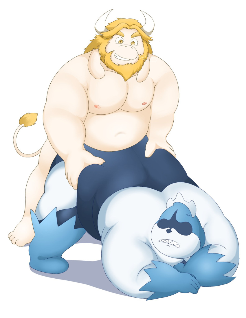 2021 anthro asgore_dreemurr belly biped boss_monster bovid bovine caprine darkner deltarune duo gumpang0 hi_res humanoid humanoid_hands jack-o'_pose king_spade male male/male mammal moobs nipples overweight overweight_male pose sex simple_background solo undertale undertale_(series) video_games white_background white_body