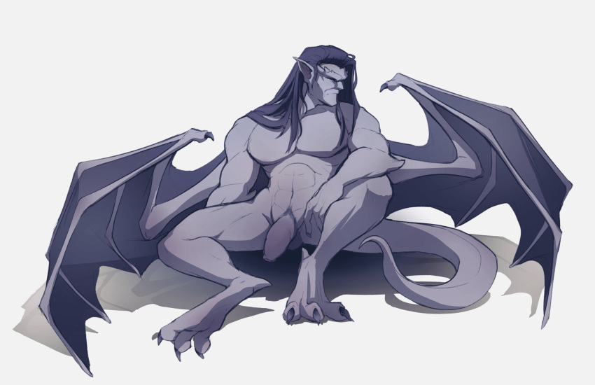 claws disney gargoyle gargoyles genitals goliath_(gargoyles) hair hi_res leslietries long_hair male membrane_(anatomy) membranous_wings muscular nude penis solo talons wings