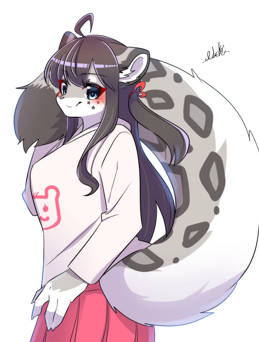 2021 4_fingers anthro big_breasts black_hair blue_eyes blush bottomwear breasts clothing ear_tuft felid female fingers fluffy fluffy_tail fur grey_body grey_fur hair hi_res hoodie kemono long_hair long_sleeves looking_at_viewer mammal multicolored_body multicolored_fur nachiwanko pantherine red_bottomwear red_clothing red_skirt simple_background skirt smile snow_leopard snow_leopard_(nachiwanko) solo standing topwear tuft two_tone_body two_tone_fur white_background white_body white_clothing white_fur white_hoodie white_topwear