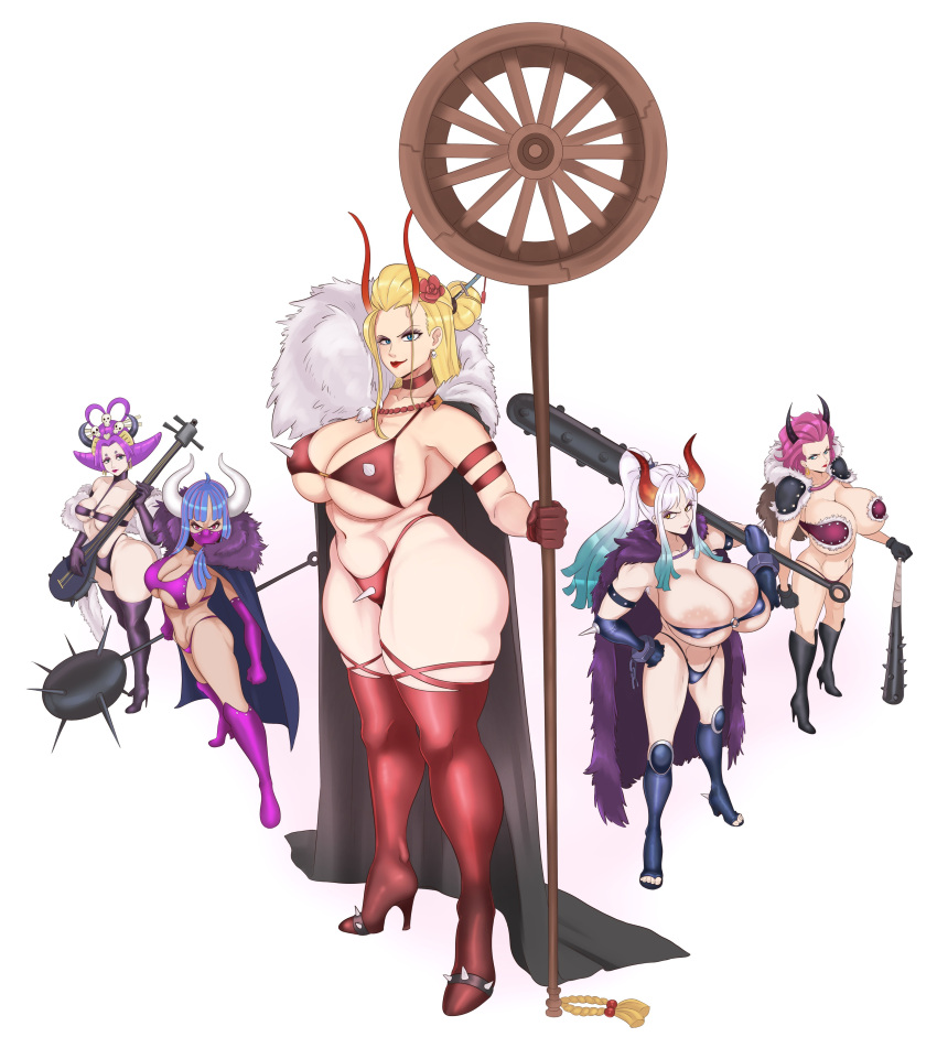 absurd_res big_breasts black_maria_(one_piece) blonde_hair breasts cleavage clothed clothing female ginrummy group hair hi_res high_heels horn horned_humanoid humanoid jigoku_benten not_furry one_piece simple_background sundown_(artist) ulti white_background yamato_(one_piece)