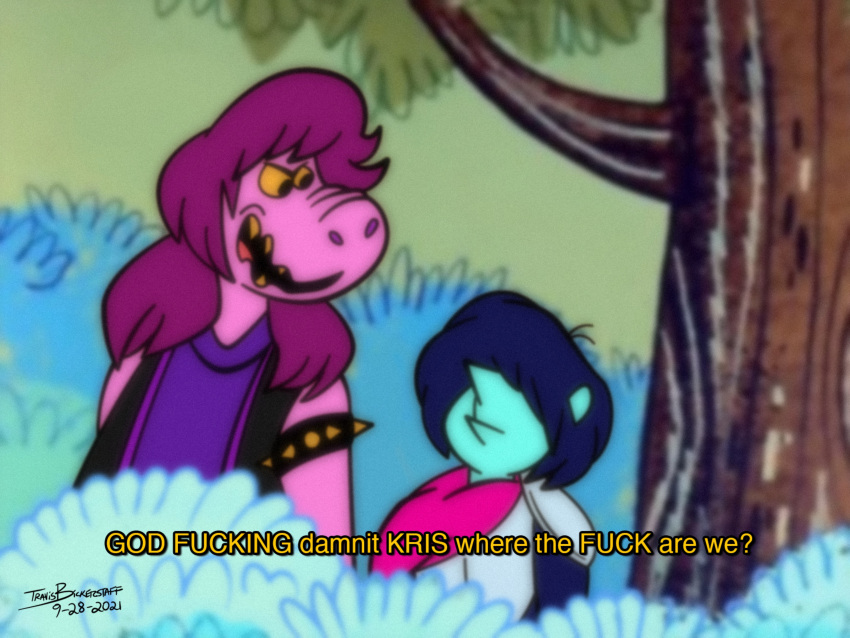 2021 absurd_res ambiguous_gender anthro bickpixx deltarune dialogue duo english_text female hanna-barbera hi_res human kris_(deltarune) kris_where_are_we lizard mammal meme outside plant profanity reptile scalie style_parody susie_(deltarune) text tree undertale_(series) video_games vintage yogi_bear