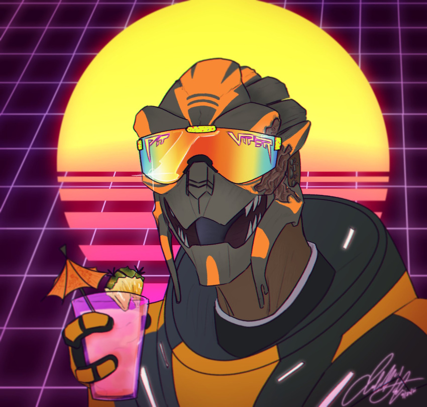 80's_theme alien armor beverage bodypaint eyewear fabius_selacius face_paint facial_scar hi_res keroa male mass_effect open_mouth scar solo sunglasses synthwave teeth tongue turian umbrella_drink video_games