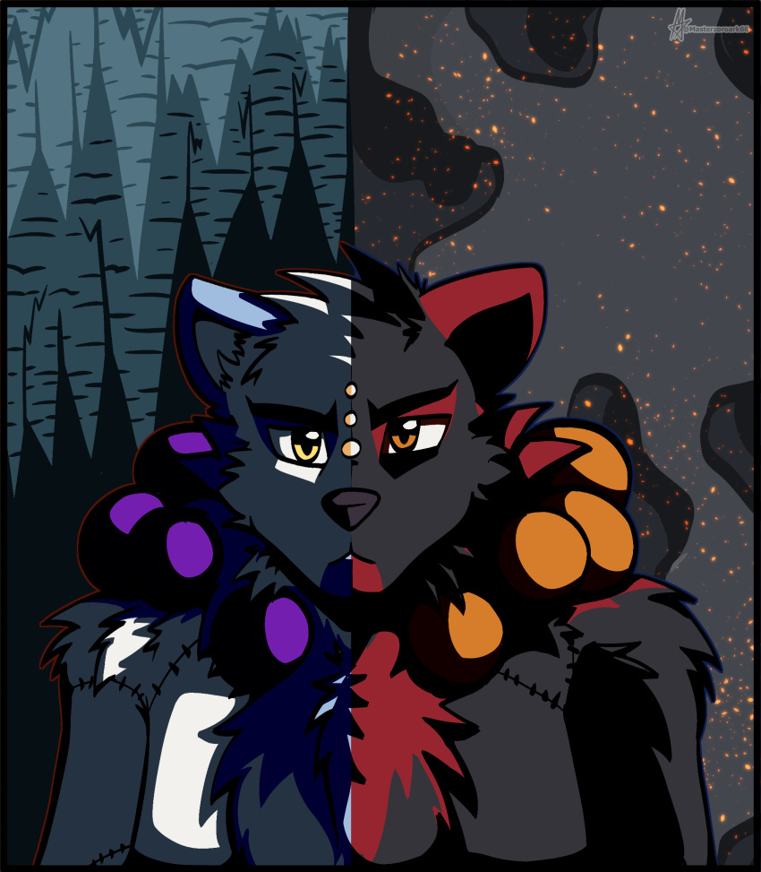 anthro black_body black_fur contrast duality duo front_view fur hi_res ice looking_at_viewer male mammal masterzoroark666 orbs red_body red_fur smoke solo stitch_(sewing) stylized ursid voodoo_(character) white_body white_fur