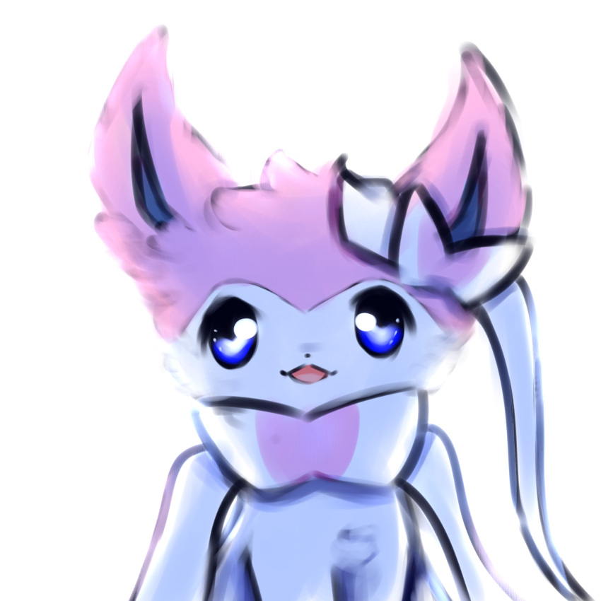 1:1 ambiguous_gender blue_eyes blue_sclera eeveelution feral fluffy fur fur_markings hi_res looking_at_viewer mammal markings nintendo open_mouth pink_body pink_fur pok&eacute;mon pok&eacute;mon_(species) ribbons simple_background smile snoiifoxxo solo sylveon tuft video_games white_background white_body white_fur