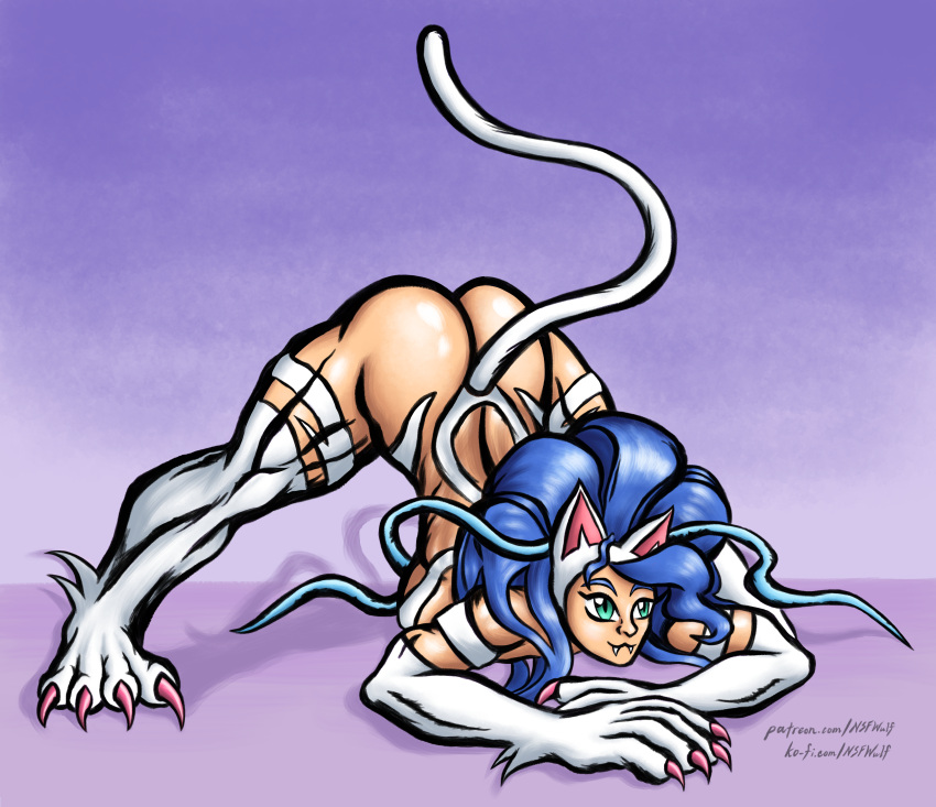 absurd_res animal_humanoid ass_up blue_hair butt capcom claws darkstalkers fangs felicia_(darkstalkers) felid felid_humanoid feline feline_ears feline_humanoid feline_tail female fur green_eyes hair hi_res humanoid jack-o'_pose ko-fi mammal mammal_humanoid muscular muscular_female nsfwulf patreon pink_claws pose purple_background simple_background solo text thick_thighs url video_games white_body white_fur