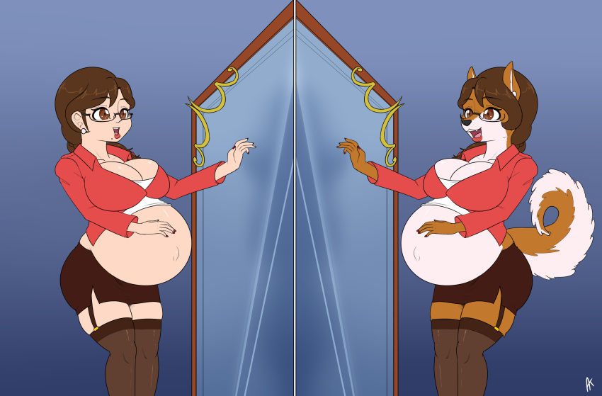 absurd_res anthro appelknekten belly big_belly black_nose bottomwear brown_hair canid canine canis clothed clothing domestic_dog duo eyewear female glasses hair hi_res human legwear mammal mirror open_mouth pregnant pregnant_female shiba_inu skirt spitz square_crossover stockings thigh_highs
