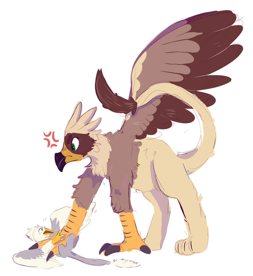 annoyed avian beak bird_feet brown_body der duo feathered_wings feathers female feral fur gryphon hi_res male micro mythological_avian mythology paws pinned serilde size_difference spookyfoxes talons wings yellow_body