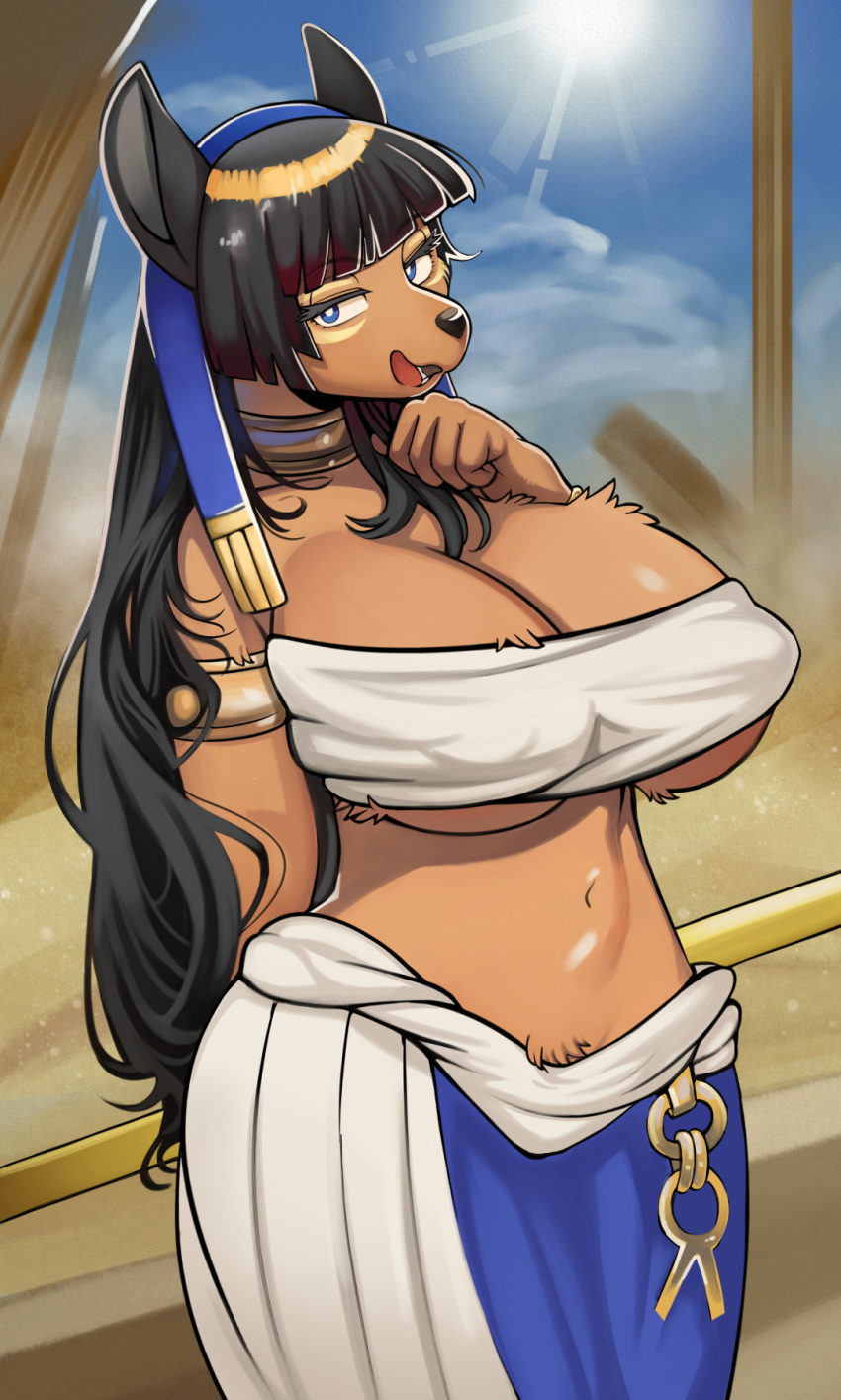 anbs-02 anthro big_breasts black_hair blue_eyes breasts brown_body brown_fur canid canine cleavage clothed clothing day desert egyptian eyebrow_through_hair eyebrows female fingers fur hair half-closed_eyes hi_res huge_breasts jewelry kemono long_hair mammal markings midriff narrowed_eyes navel nipple_outline open_mouth outside sindoll solo standing translucent translucent_hair wide_hips