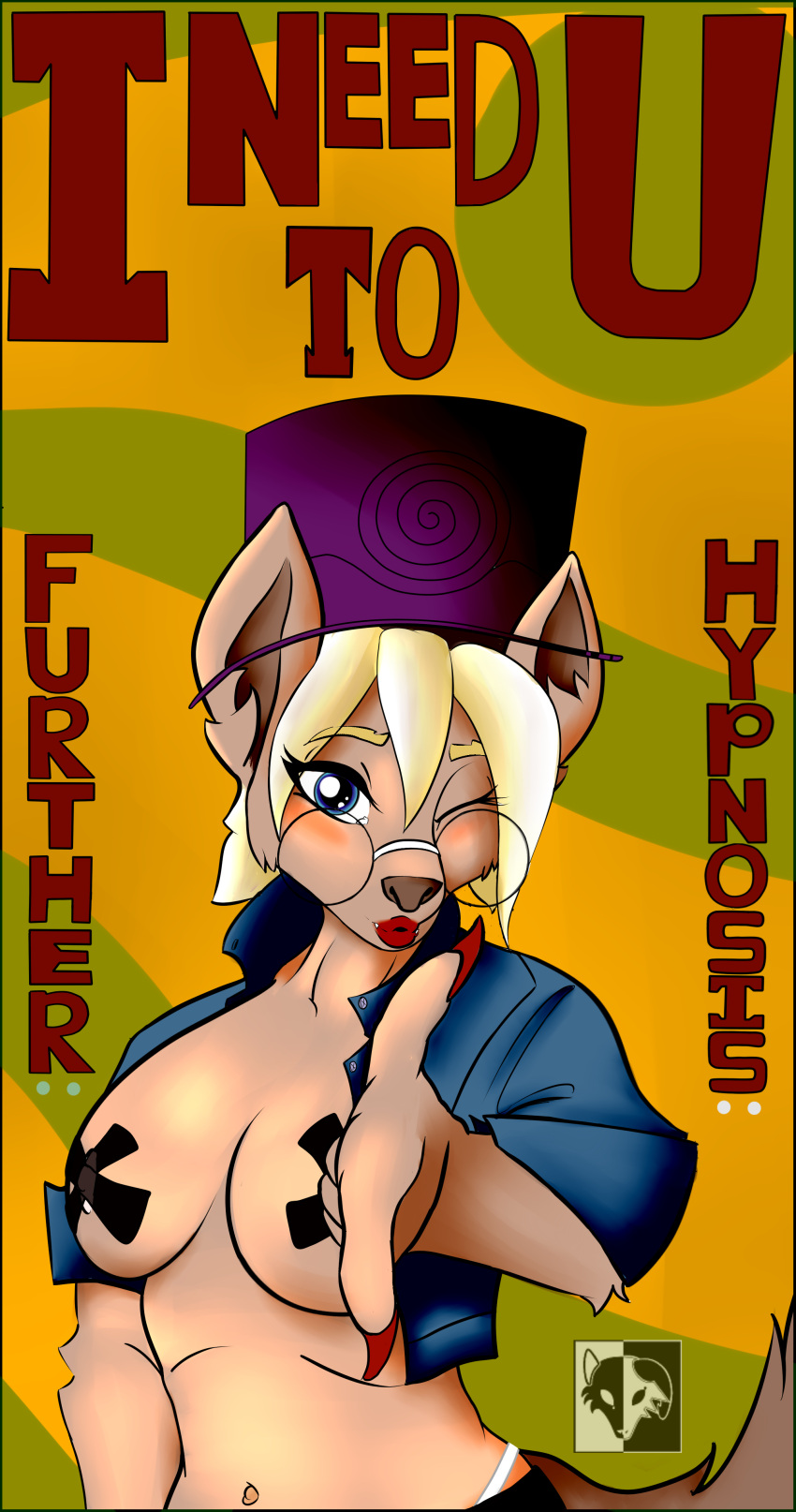 absurd_res anthro blonde_hair blue_eyes canid canine canis duct_tape female hair hi_res hypnosis looking_at_viewer mammal mind_control nightshadeink93 pinup pose solo tape wolf