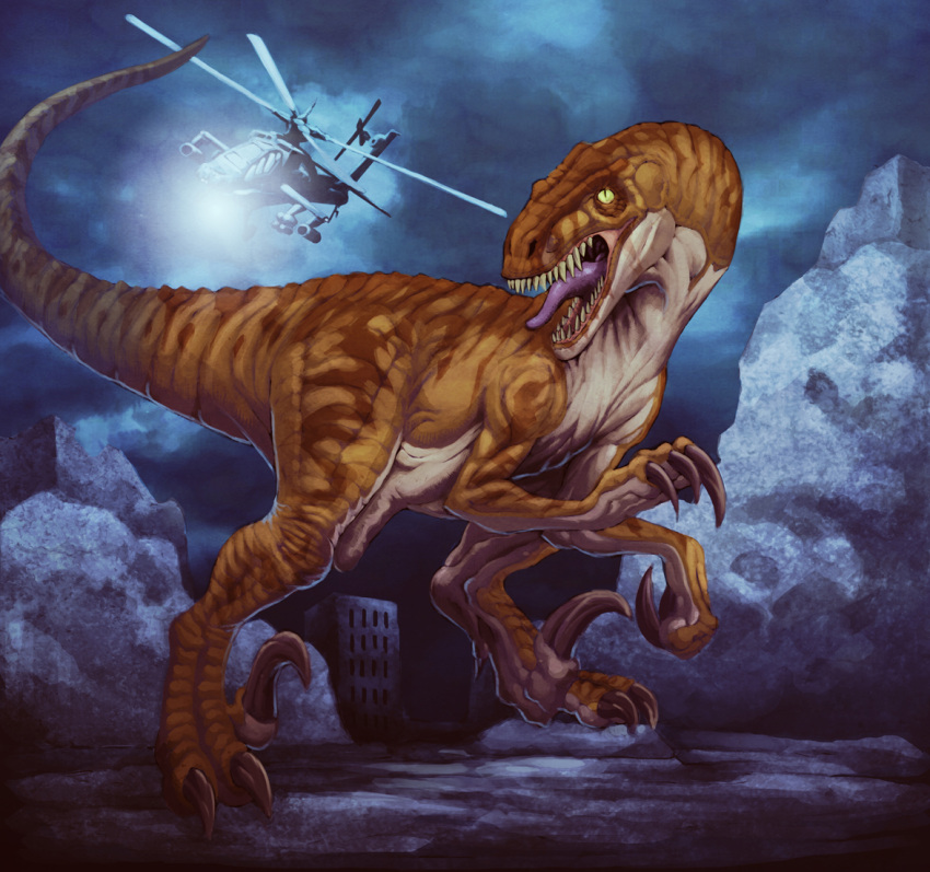 2007 ah-64_apache aircraft ambiguous_gender chaos-draco digital_media_(artwork) dinosaur feet feral fingers helicopter open_mouth reptile scalie solo standing teeth toes tongue
