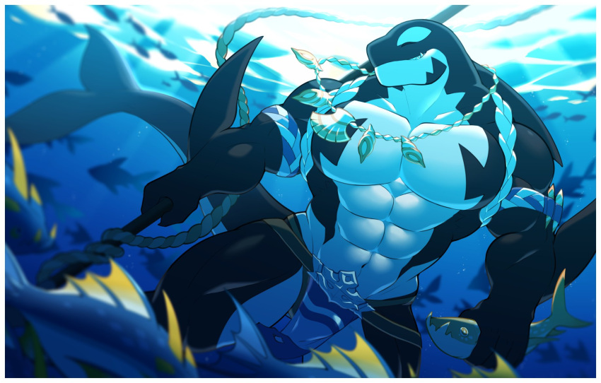abs anthro black_body bottomwear cetacean clothed clothing delphinoid fish hi_res jewelry kulplant lingguang loincloth male mammal marine muscular muscular_anthro muscular_male necklace notes_of_hearts oceanic_dolphin orca pecs sea shell solo toothed_whale topless underwater water