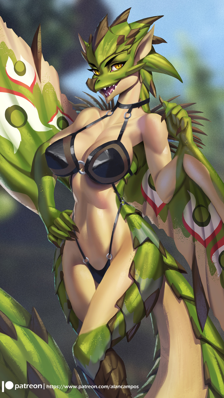 2021 5_fingers 9:16 alanscampos alternate_version_at_source anthro athletic athletic_anthro athletic_female biped black_claws black_eyebrows black_eyelashes blue_sky blurred_background breasts capcom claws clothed clothing detailed_background digital_media_(artwork) digital_painting_(artwork) dragon eyebrows female finger_claws fingers glistening glistening_body glistening_clothing glistening_scales glistening_skin green_body green_scales hand_on_hip hi_res horn light_body light_skin lingerie long_tail looking_at_viewer mammal membrane_(anatomy) membranous_wings monster_hunter open_mouth outside plant portrait pose pupils rath_wyvern rathian reptile scales scalie sharp_teeth sky slit_pupils smile solo standing teeth text three-quarter_portrait three-quarter_view tongue tree url video_games wings wyvern yellow_body yellow_eyes yellow_skin