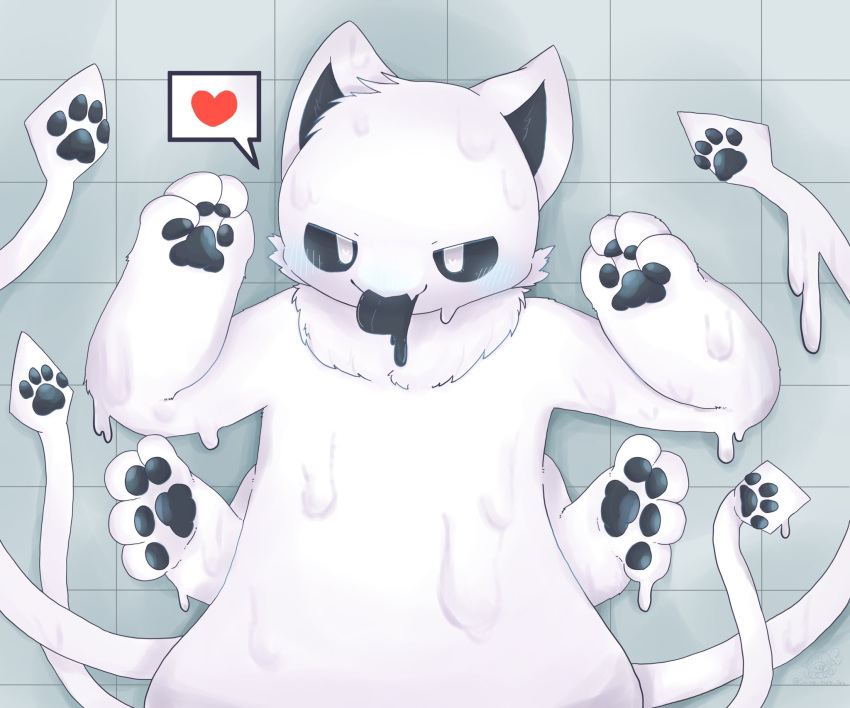 &lt;3 &lt;3_eyes 4_arms 4_fingers ambiguous_gender anthro bedroom_eyes black_inner_ear black_sclera blush bodily_fluids canid canine canis cephalopod changed_(video_game) coleoid decapodiform domestic_dog dripping fingers fur goo_creature hi_res hybrid latex_skin living_latex looking_at_viewer mammal marine mollusk multi_arm multi_limb narrowed_eyes neck_tuft open_mouth pawpads paws raised_arms saliva same_taro_san seductive solo speech_bubble squid_dog_(changed) tentacles tile tile_wall tongue tongue_out tuft wall_(structure) white_body white_eyes white_fur