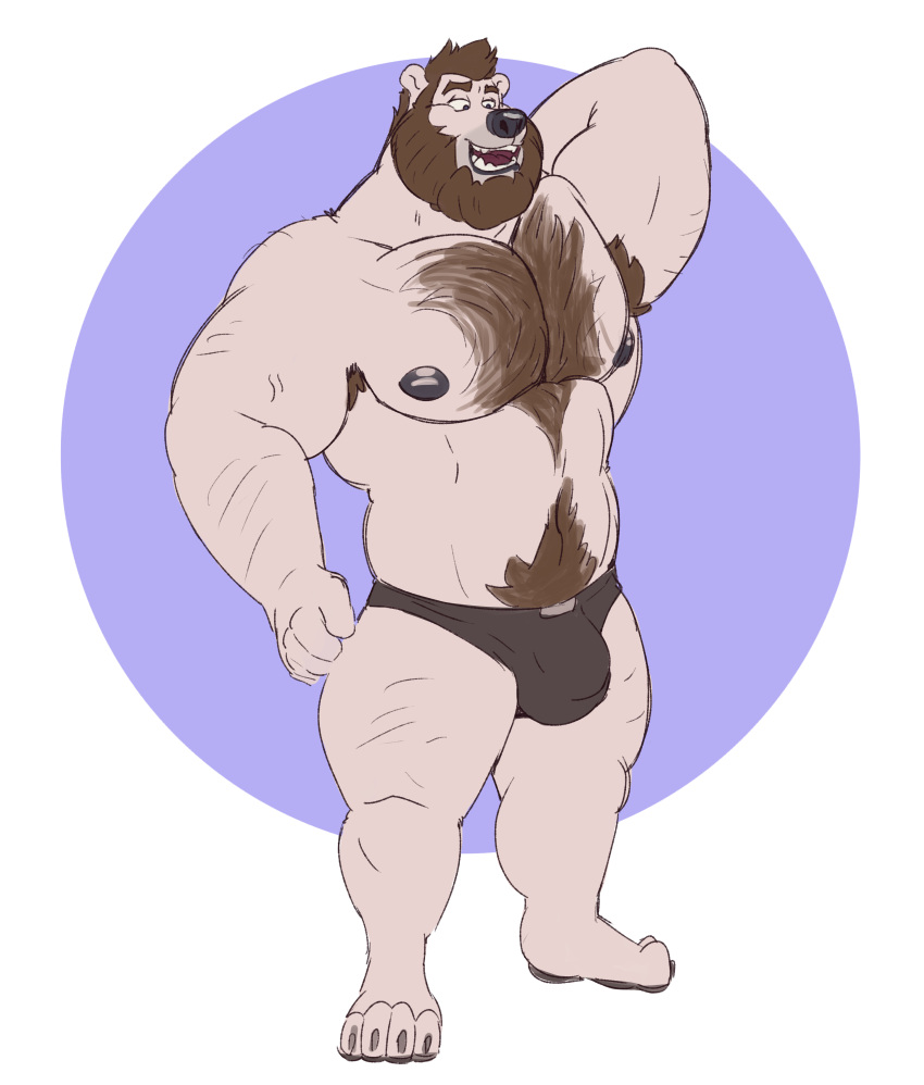 absurd_res armpit_hair beard big_arms big_nipples big_pecs body_hair bulge chest_hair clothing facial_hair hairy hand_behind_head happy_trail hi_res looking_down male mammal musclegut muscular nipples open_mouth paws pecs polar_bear solo tcw tcw_(character) underwear ursid ursine