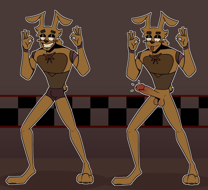 absurd_res animatronic balls bow_tie ciroking clothed clothing eyebrows five_nights_at_freddy's five_nights_at_freddy's_3 genitals glistening glistening_genitalia glistening_penis hi_res lagomorph leporid machine male mammal model_sheet mrdu3 pattern_background paws penis rabbit robot scut_tail short_tail simple_background solo springtrap_(fnaf) tongue tongue_out underwear underwear_only video_games