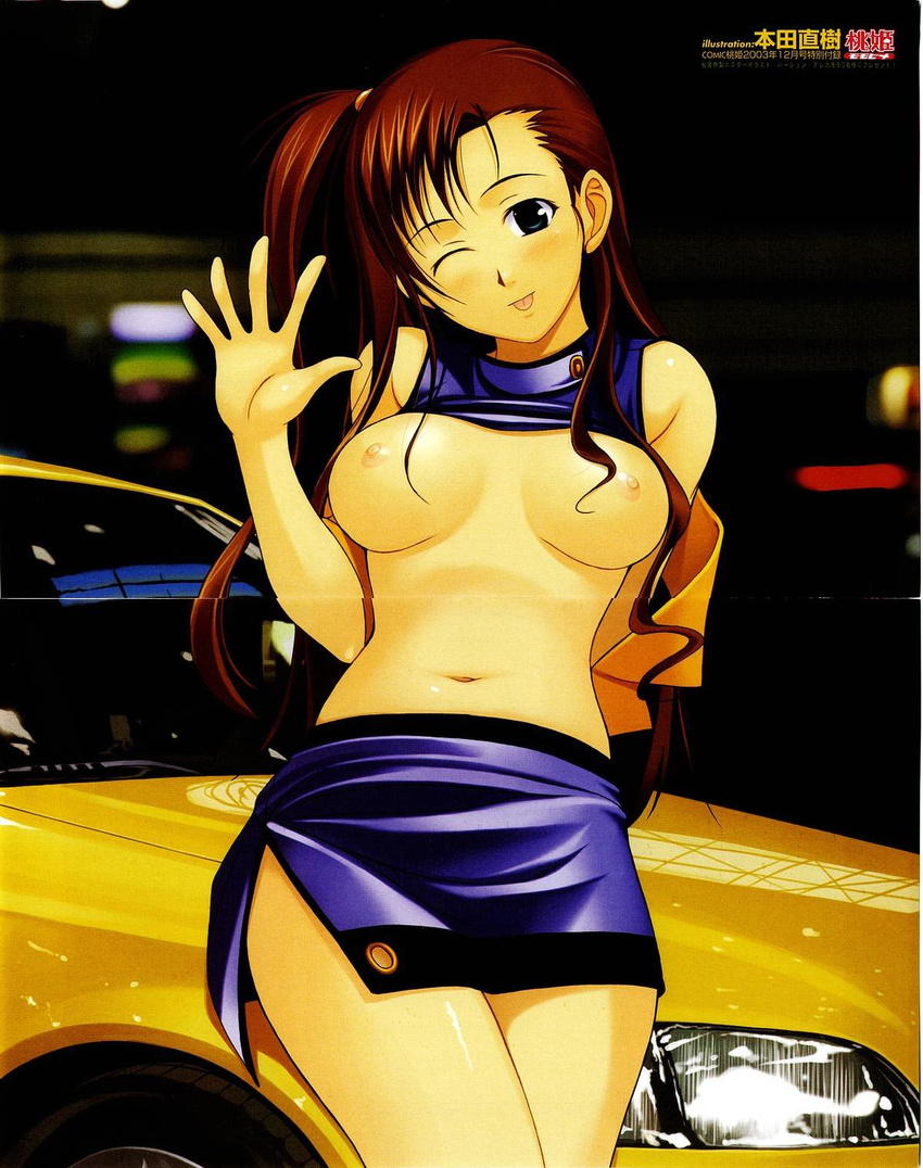 blush breasts brown_hair car highres honda_naoki long_hair motor_vehicle skirt tongue vehicle wink