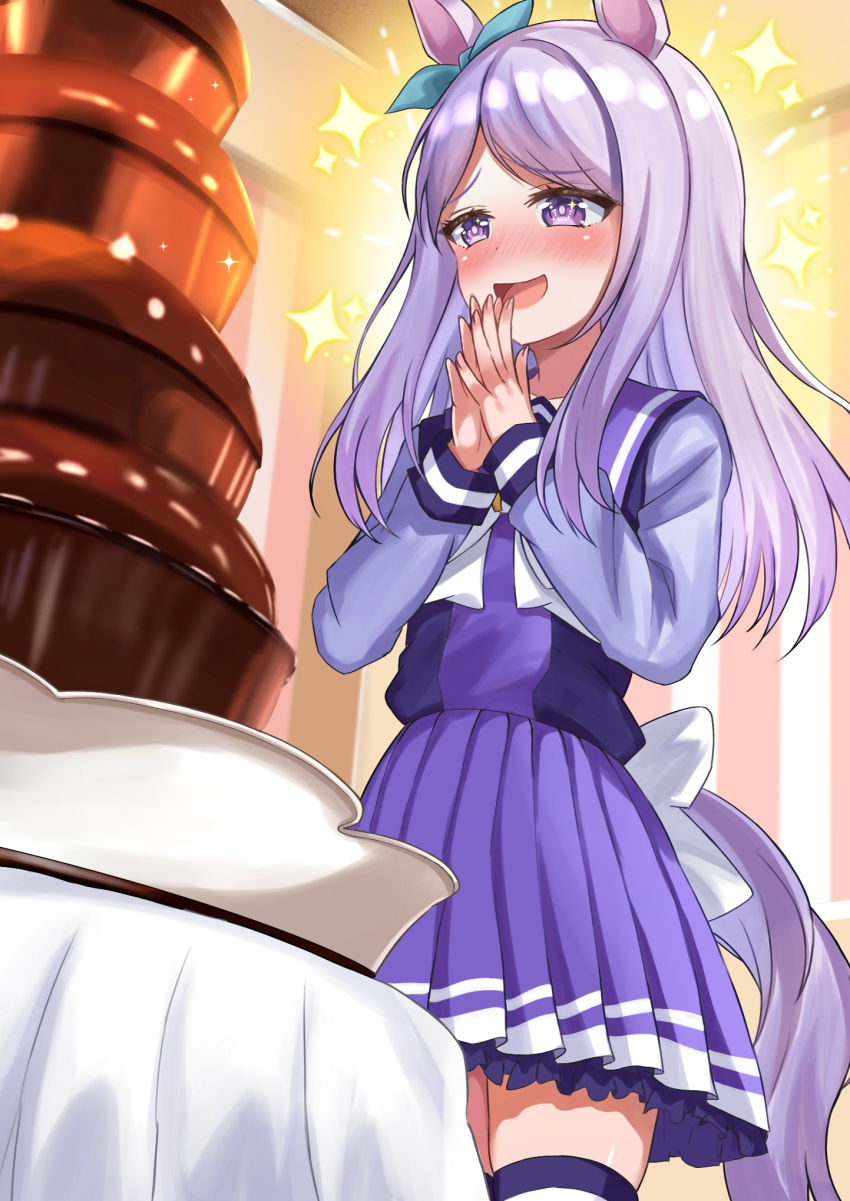 1girl animal_ears blush chocolate_fountain commentary cowboy_shot crouching_start dot_nose ear_bow hands_up highres horse_ears horse_girl horse_tail long_hair long_sleeves mejiro_mcqueen_(umamusume) nose_blush open_mouth own_hands_together pleated_skirt purple_eyes purple_hair purple_shirt purple_skirt sailor_collar school_uniform shirt skirt smile solo table tail thighhighs tracen_school_uniform umamusume