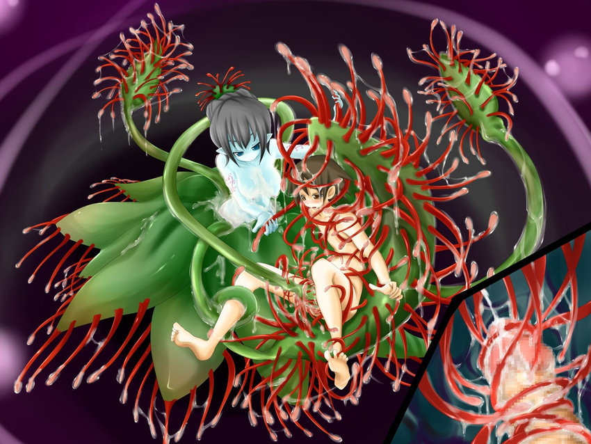 1boy alraune barefoot black_hair blue_eyes blue_skin brown_eyes brown_hair cum drosera feet femdom hetero highres leaf male male_focus monster_girl nude penis plant plant_girl pointy_ears rape shot solo spread_legs straight sundew tentacle tentacle_girl tentacles_on_male toes