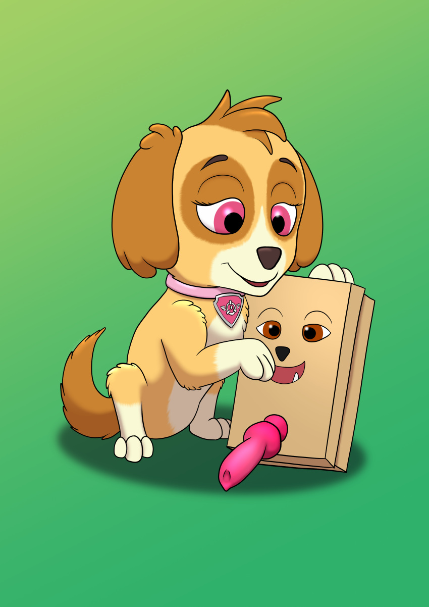 absurd_res box canid canine canis container dildo domestic_dog female feral hi_res mammal paw_patrol sex_toy skye_(paw_patrol)