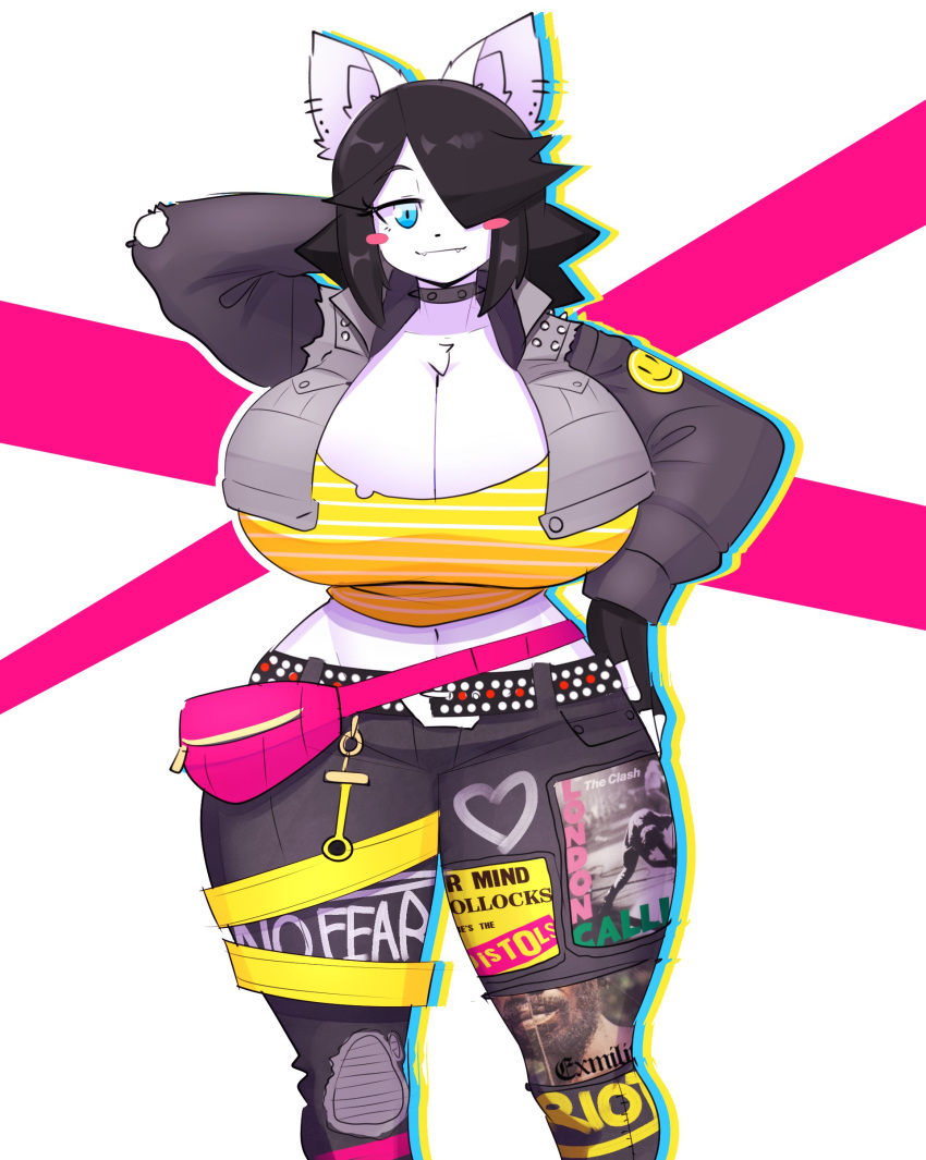 &lt;3 absurd_res anthro arm_by_side arms_bent big_breasts black_hair blue_eyes blush blush_stickers bottomwear breasts canid canine canis cleavage clothed clothing death_grips domestic_dog ear_piercing exmilitary fanny_pack female hair hair_over_eye heart_bottomwear heart_clothing heart_pants heart_print hi_res huge_breasts london_calling looking_at_viewer maggie_applebee mammal midriff one_eye_obstructed open_clothing open_topwear pants piercing print_bottomwear print_clothing print_pants raised_arm red_cheeks sex_pistols shirt short_hair short_tail simple_background smile solo standing straight_legs t-shirt text text_on_clothing the_clash theycallhimcake thick_thighs topwear video_games wide_hips