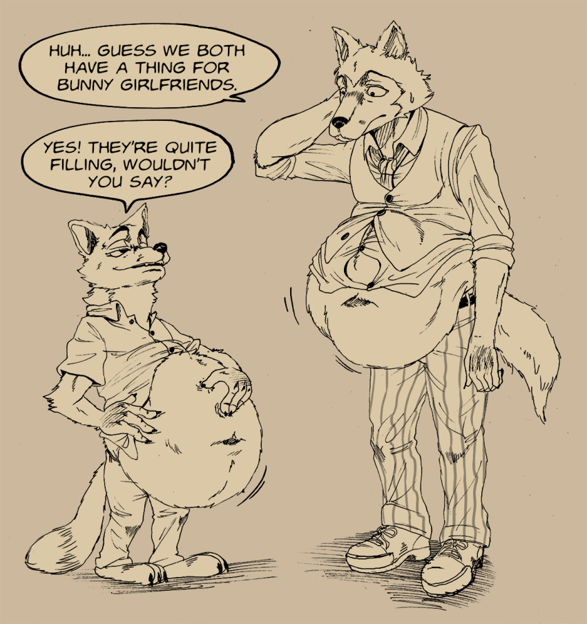 anthro barefoot beastars canid canine canis clothed clothing clothing_lift crossover dialogue dialogue_box disney duo english_text feet fox full_belly hand_on_stomach hi_res legoshi_(beastars) lordweegee64 male mammal nick_wilde scratching_head size_difference soft_vore stuffed_belly text vore wolf zootopia