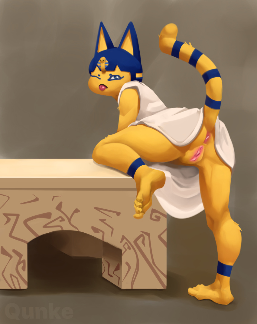 4_toes absurd_res animal_crossing ankha_(animal_crossing) anthro anus artist_name barefoot butt claws clothed clothing digital_media_(artwork) digital_painting_(artwork) domestic_cat egyptian feet felid feline felis female genitals hi_res looking_back mammal nintendo no_underwear one_eye_closed presenting presenting_hindquarters pussy qunke raised_leg soles solo toe_claws toe_curl toes tongue tongue_out uraeus video_games wink