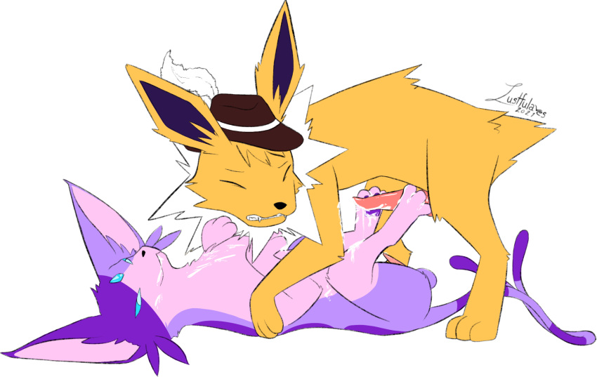 alpha_channel animal_genitalia balls bodily_fluids cum cum_on_face cum_on_feet digital_media_(artwork) duo eeveelution erection espeon excessive_cum feet feral foot_fetish foot_play footjob fur genital_fluids genitals hi_res jolteon lustfulaves lying male male/male masturbation nintendo on_back orgasm pawjob paws penile penile_masturbation penis pok&eacute;mon pok&eacute;mon_(species) sex storm_dulin toes two-footed_footjob video_games yellow_body yellow_fur