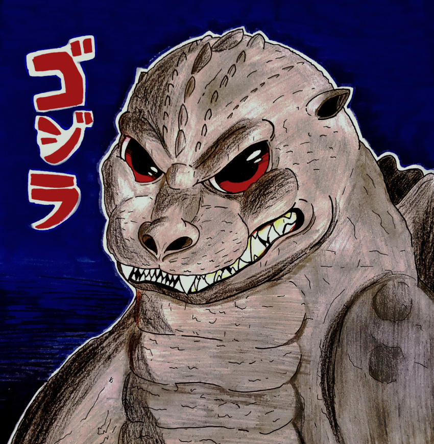 anthro black_background blue_background fangs glury_the_unown godzilla godzilla_(series) headshot_portrait hi_res icon japanese_text kaiju looking_at_viewer male monster portrait red_eyes scalie sharp_teeth simple_background solo teeth text toho traditional_media_(artwork) yellow_teeth