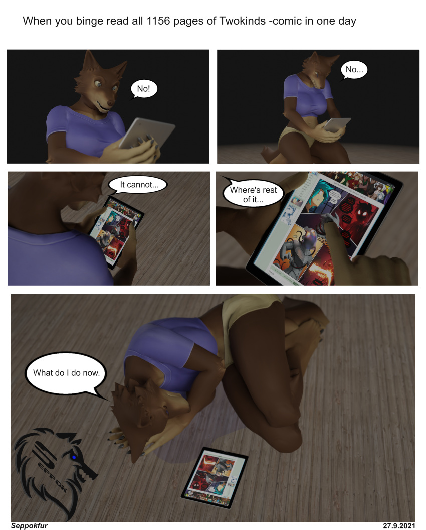 3d_(artwork) absurd_res anthro black_background bodily_fluids breasts brown_body brown_fur canid canine canis clothed clothing comic crying dialogue digital_media_(artwork) english_text female floor fur hi_res mammal open_mouth sad seppok simple_background solo tablet tears text topwear twokinds webcomic wolf