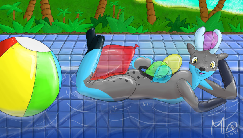7:4 absurd_res ambiguous_gender animate_inanimate anthro antlers ball balloon beach_ball blue_body butt cervid digital_media_(artwork) floatie grey_body hi_res horn inflatable living_inflatable looking_at_viewer lying mammal maxwell_longtail multicolored_body on_front open_mouth outside palm_tree plant pool_float pool_toy poolside sea seaside smile solo swimming_pool tree tropical two_tone_body water yellow_eyes