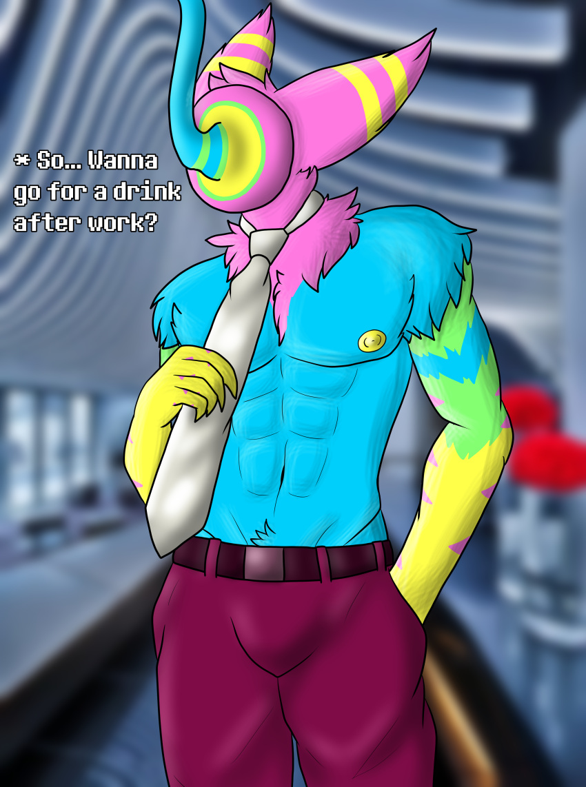 abs absurd_res anthro athletic belt blurred_background bottomwear bulge clothed clothing deltarune english_text fluffy hand_in_pocket hi_res humanoid khryaus_o'howl_(artist) male multicolored_body necktie necktie_grab nipples office pants pecs photo_background pockets red_bottomwear red_clothing red_pants shirtless solo text topless undertale_(series) video_games werewire wire