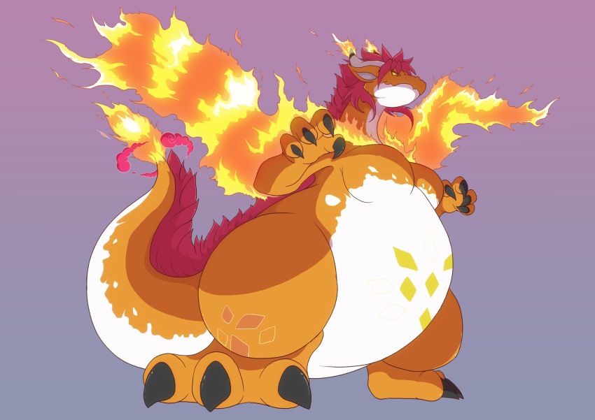 2020 2_horns 3_toes 4_fingers belly big_belly big_breasts biped black_eyelashes breasts claws curvy_figure digital_media_(artwork) dragon fan_character featureless_breasts featureless_crotch feet female feral finger_claws fingers fire flaming_tail flaming_wings gigantamax_charizard gigantamax_pok&eacute;mon gradient_background hair hi_res horn huge_breasts huge_thighs low-angle_view mighty_creation misha_(misha) multicolored_body multicolored_scales nintendo non-mammal_breasts orange_body orange_scales overweight overweight_female overweight_feral pink_eyes pink_hair pok&eacute;mon pok&eacute;mon_(species) purple_background reptile scales scalie semi-anthro shaded side_view simple_background smile smirk solo standing thick_thighs toe_claws toes video_games voluptuous white_body white_scales wide_hips wings yellow_body yellow_scales yellow_sclera