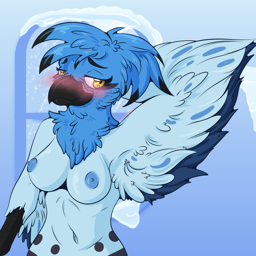 1:1 absurd_res anthro areola avian beak bird black_body black_feathers blue_areola blue_body blue_feathers blue_jay blush breasts celci_(spring) corvid eyebrows eyelashes feathers female freckles hair half-length_portrait hand_behind_head hi_res hirothedragon hybrid ice jay_(bird) looking_at_viewer multicolored_body new_world_jay nintendo non-mammal_breasts non-mammal_nipples nude oscine passerine pok&eacute;mon pok&eacute;mon_(species) portrait smile snow solo talonflame video_games window wings yellow_eyes