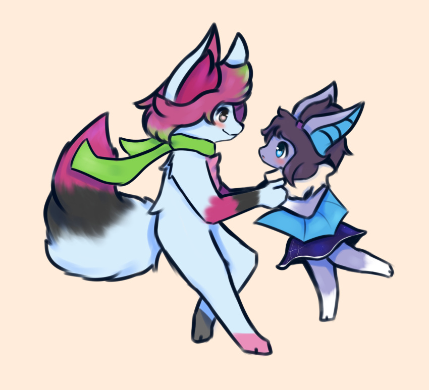 ambiguous_gender anthro blue_eyes blue_sclera dancing duo fluffy fluffy_tail fur fur_markings hand_holding hi_res magenta_fur mammal markings membrane_(anatomy) outline scarf simple_background smile snoiifoxxo tuft white_body white_fur