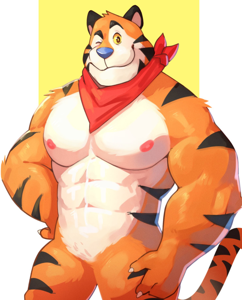 2021 abs anthro big_muscles cilok claws felid frosted_flakes fur hand_on_hip hi_res kellogg's looking_at_viewer male mammal mascot muscular muscular_anthro muscular_male neckerchief nipples nude one_eye_closed pantherine pecs simple_background smile solo standing tiger tony_the_tiger tuft white_background wink yellow_background