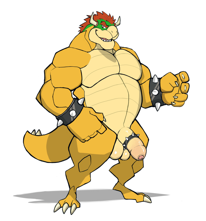 2021 absurd_res accessory anthro balls belly big_muscles bowser bracelet claws cock_ring darknaigart erection eyebrows foreskin genitals hair hi_res horn humanoid_genitalia humanoid_penis jewelry koopa male mario_bros musclegut muscular muscular_anthro muscular_male nintendo nude pecs penis penis_accessory penis_jewelry red_hair scalie simple_background smile solo spiked_bracelet spiked_cock_ring spiked_tail spikes spikes_(anatomy) standing thick_thighs video_games white_background yellow_body