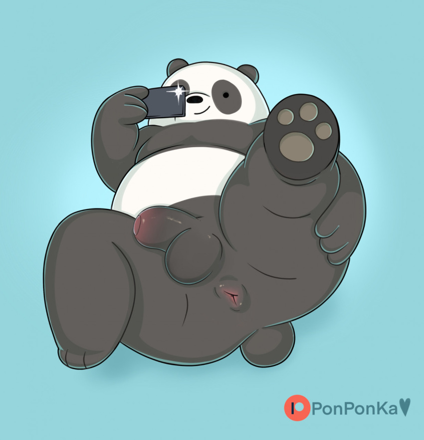 2021 3_fingers 3_toes anthro anus balls belly black_body black_nose black_pawpads blue_background butt cartoon_network cellphone dot_eyes feet fingers genitals giant_panda hi_res lying male mammal overweight overweight_male panda_(wbb) pawpads paws penis phone ponponka simple_background smartphone solo toes ursid we_bare_bears white_body