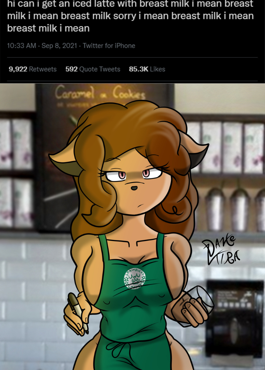 apron apron_only bovid breasts brown_body brown_hair caprine clothing dantez dialogue english_text female front_view green_apron hair hi_res holding_object i_mean_breast_milk mammal meme mostly_nude pink_eyes sheep side_boob solo starbucks text text_on_apron text_on_clothing unimpressed