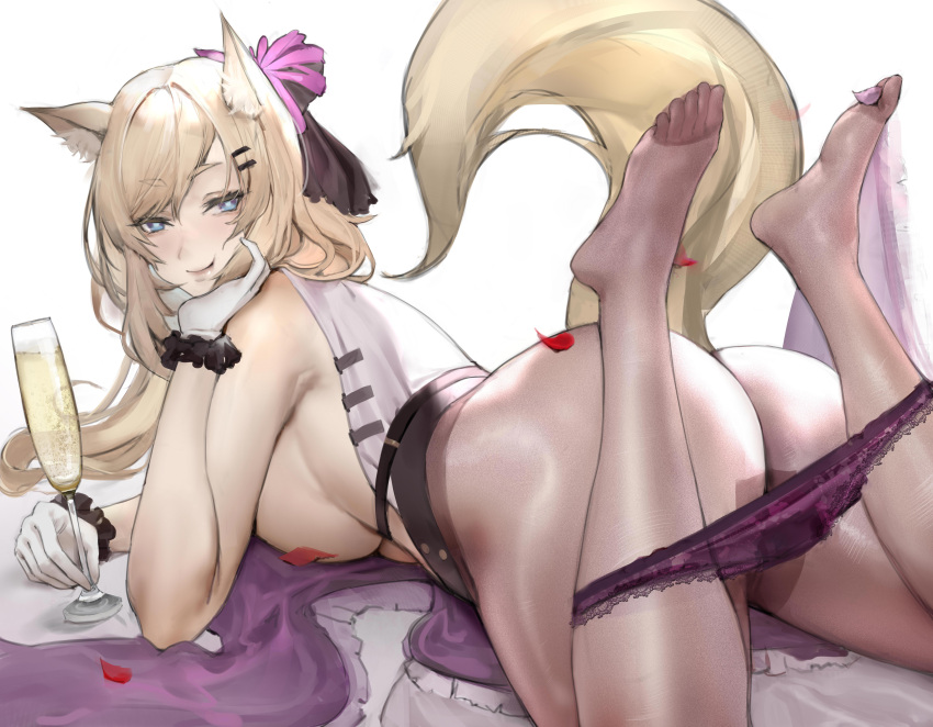 absurd_res alcohol animal_humanoid arknights beverage big_butt blonde_hair blue_eyes boingoo breasts butt champagne clothed clothing female hair hi_res humanoid hypergryph lace_panties legwear looking_at_viewer looking_back lying mammal on_front open_clothing open_shirt open_topwear panties panties_around_legs panties_down pantyhose partially_clothed shirt simple_background solo studio_montagne tights topwear underwear underwear_down video_games whislash_(arknights)