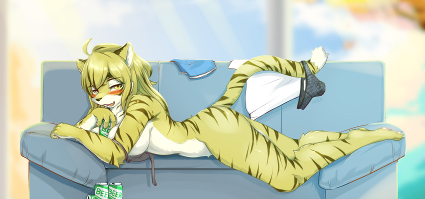 4_fingers absurd_res alcohol anthro beer beverage beverage_can big_breasts black_body black_fur black_highlights blonde_hair blush bra breasts clothing eyebrow_through_hair eyebrows feet felid female fingers fur furniture hair half-closed_eyes hi_res highlights_(coloring) kemono long_hair looking_at_viewer lying mammal multicolored_body multicolored_fur narrowed_eyes nude on_front open_mouth pantherine panties pawpads pupils signature slit_pupils sofa solo striped_body striped_fur stripes tiger toes translucent translucent_hair treyer underwear white_body white_fur yellow_body yellow_eyes yellow_fur