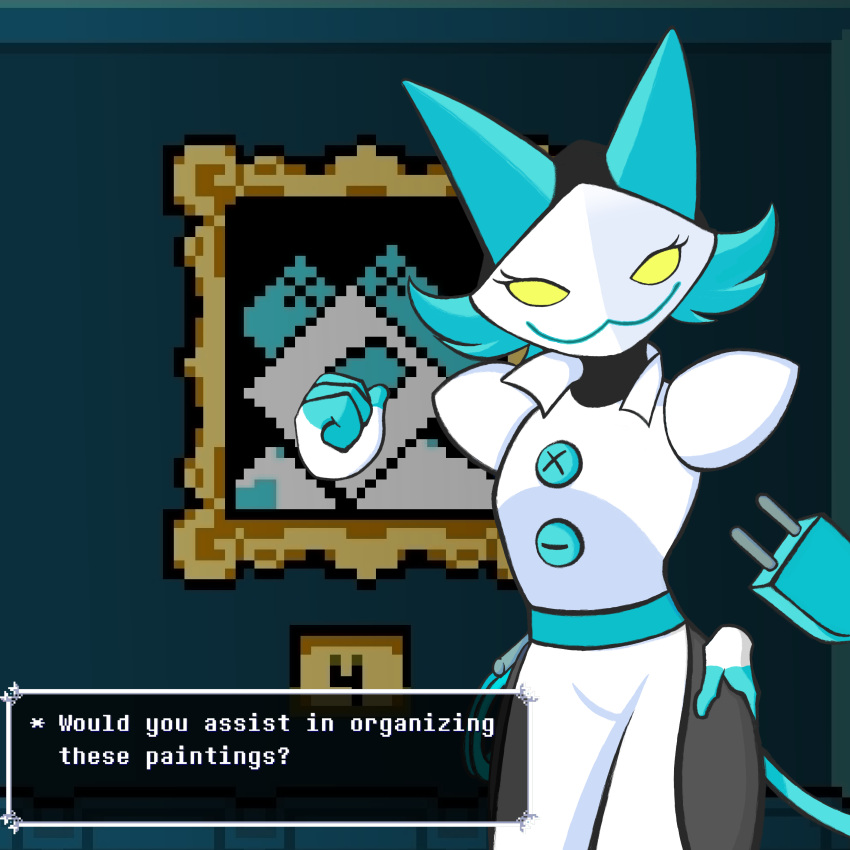 1:1 absurd_res blue_ears blue_hair clothing darkner deltarune english_text female feral floating_hands gesture hair hands_on_hips hi_res jeni2147 painting pointing smile solo tasque_manager text undertale_(series) video_games whip white_clothing yellow_eyes
