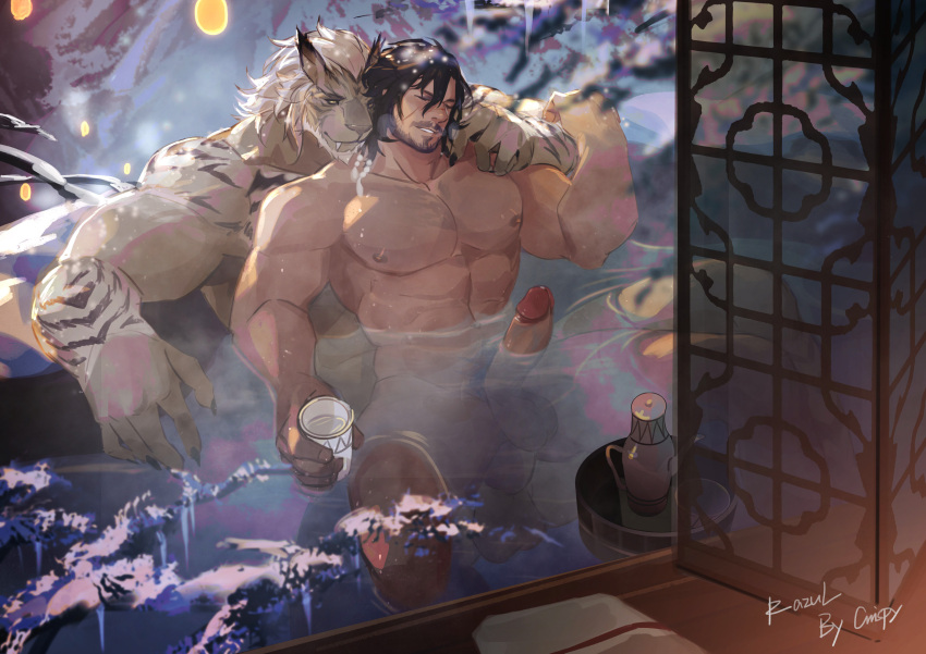 abs absurd_res amazing_background anal anthro anthro_penetrating anthro_penetrating_human balls beard beverage big_pecs big_penis crrispy_shark detailed_background duo facial_hair felid final_fantasy final_fantasy_xiv fur genitals hair hi_res hot_spring hrothgar human human_on_anthro human_penetrated hyur interspecies larger_anthro male male/male mammal muscular muscular_anthro muscular_human muscular_male nipples nude on_lap onsen pecs penetration penis romantic romantic_couple sitting_on_lap size_difference smaller_human smaller_penetrated square_enix tea video_games water white_body white_fur white_hair