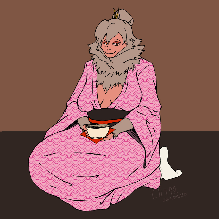 1:1 absurd_res anthro asian_clothing beverage brown_background brown_floor cel_shading clothing container cup digital_drawing_(artwork) digital_media_(artwork) east_asian_clothing female fur gal grey_body grey_fur grey_hair hair haplorhine hi_res japanese_clothing mammal monkey pink_body pink_clothing pink_flesh pink_skin primate shaded simple_background sitting solo tea tea_cup yopo9810