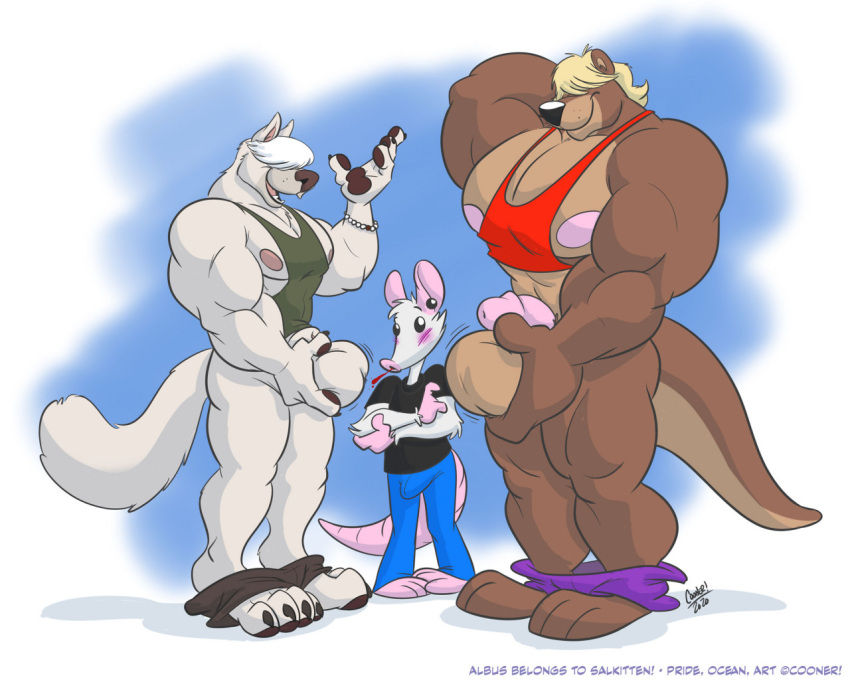 5:4 albus_(salkitten) anthro balls big_balls big_muscles blood blush bodily_fluids canid canine clothed clothing cooner didelphid genitals huge_muscles lutrine male male/male mammal marsupial muscular mustelid my_bigger_boyfriend nosebleed ocean_otter pants_down partially_clothed penis pride_possum