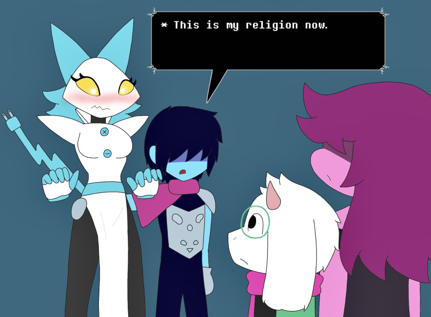absurd_res anthro blush bovid caprine deltarune dialogue embarrassed english_text eyewear felid feline female glasses goat group hair hair_over_eye hand_on_hip hi_res horn human kris_(deltarune) machine male mammal one_eye_obstructed ralsei reptile robot roguecolonel303 scalie scarf susie_(deltarune) tasque_manager text undertale_(series) video_games